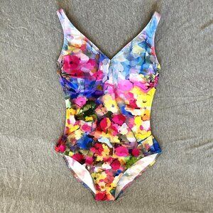 GOTTEX Women's V Neck One Piece Swimsuit in Multi Color Floral Size 10
